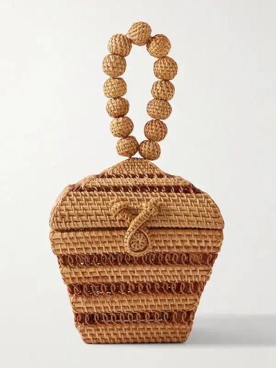 cult gaia Handbags - Cult Gaia Suri Rattan Wicker Top Handle Beaded Clutch Mini Bag Purse Tan Brown
